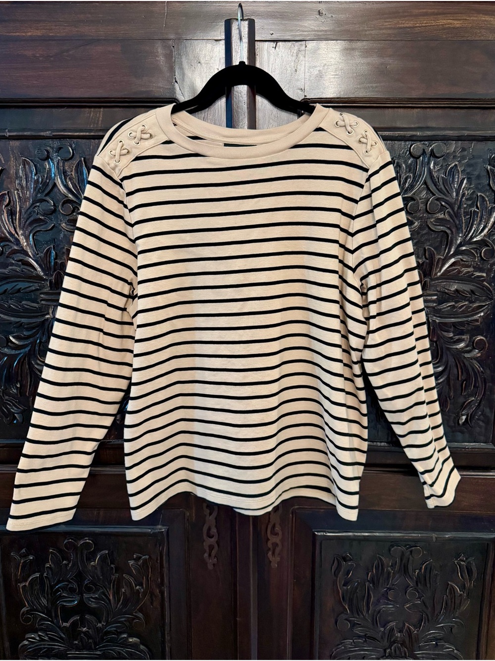Rafaella Cream and Black Striped Boatneck Top
